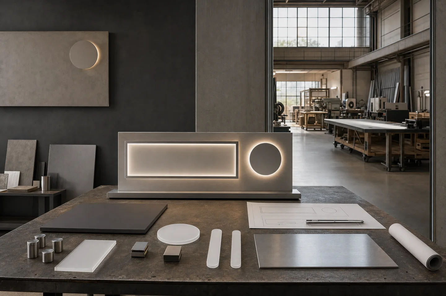 Conceptual design scene with metal and acrylic sign forms