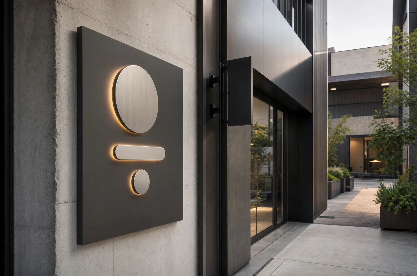 Conceptual install scene with metal and acrylic sign forms